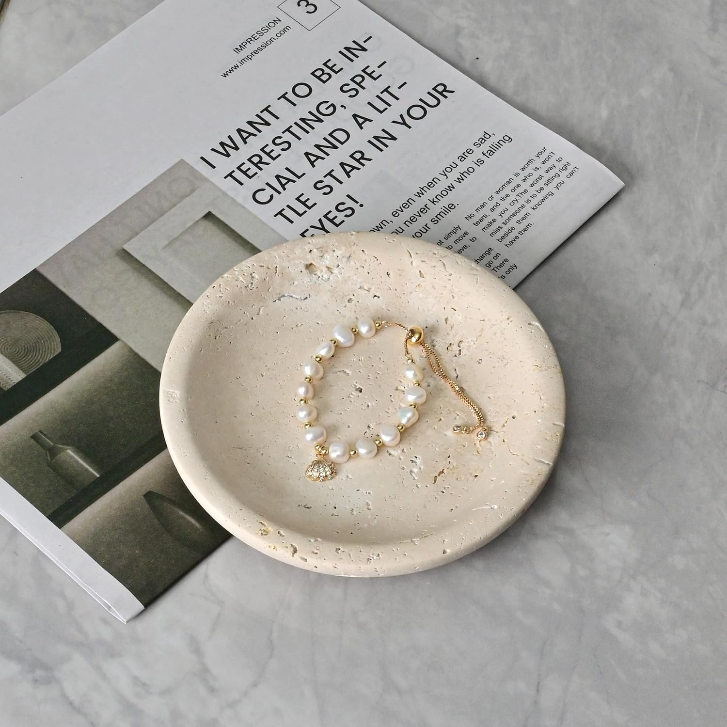 Natural Ring Dish Jewelry Tray / Beige Travertine