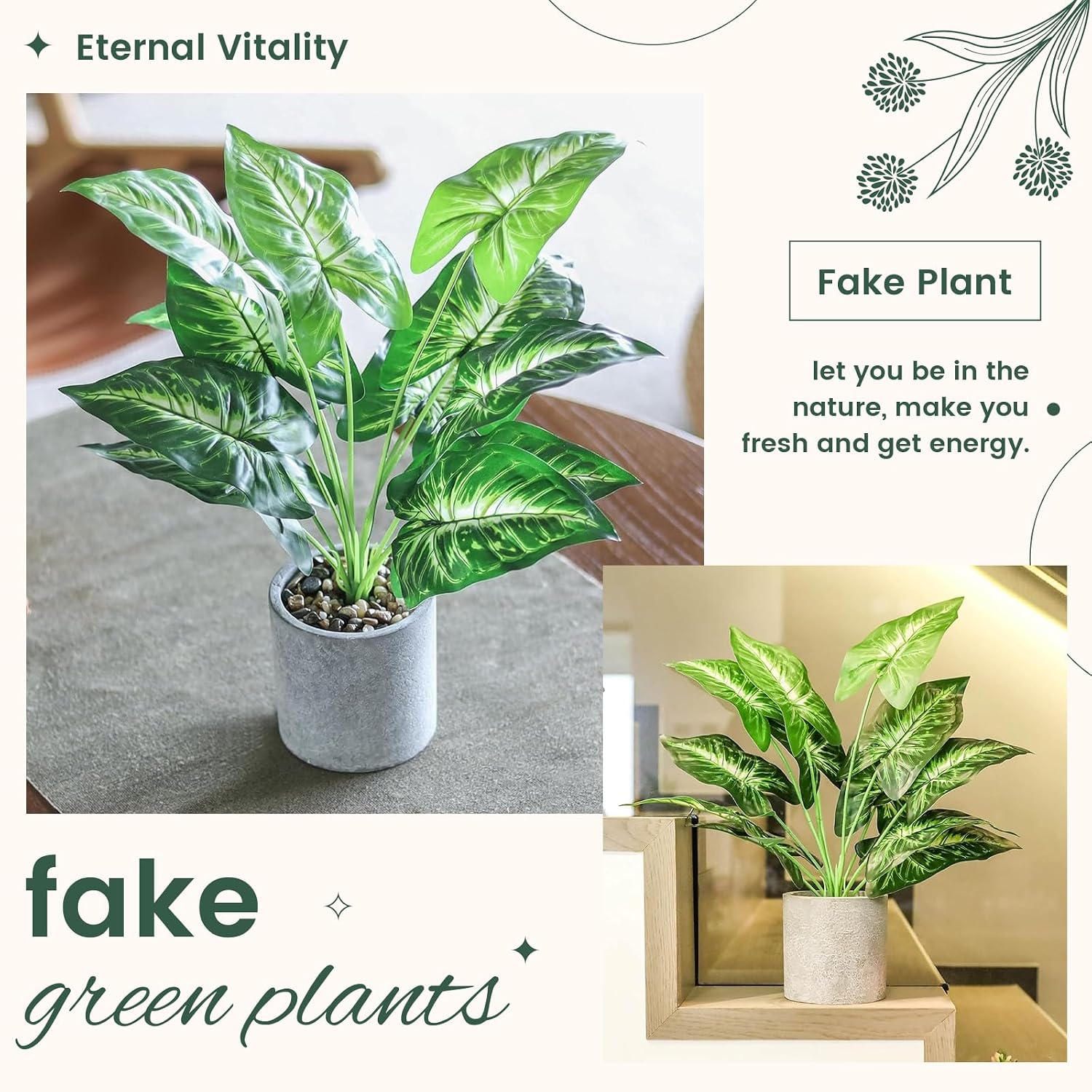 16" Small Fake Plants Artificial Tropical Faux Plants Indoor Desk Plant / Sage Green