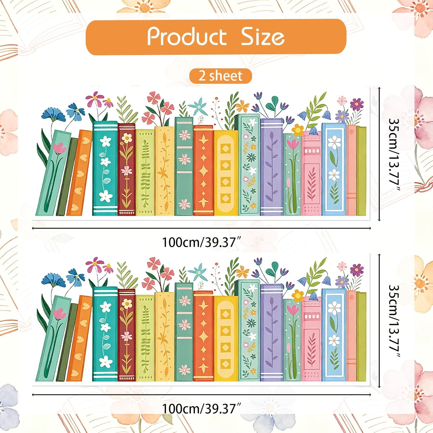 2 Sheet Spring Bookshelf Wall Decals Wildflower Books Reading Corner Stickers / Flower Bookshelf