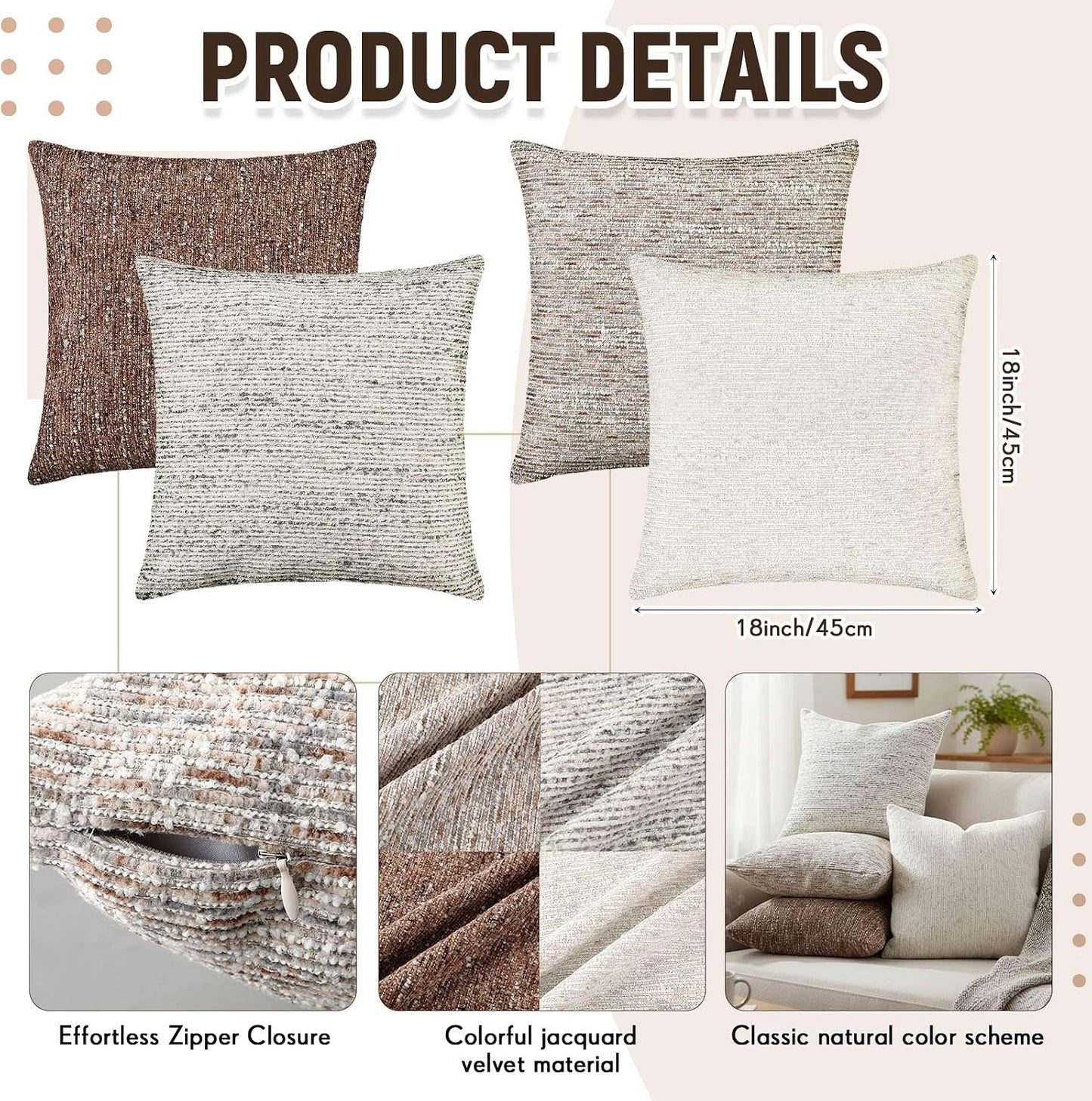 Boucle Throw Pillow Covers Boho Accent Farmhouse Square Decorative Pillow / 18 x 18 / Set of 4