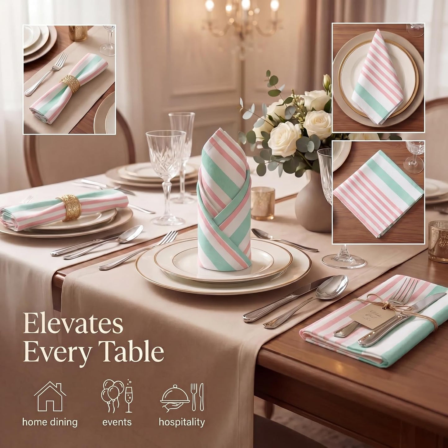Urban Villa Cloth Napkins Cotton 20x20 (Set of 12) Ruby Green Stripes
