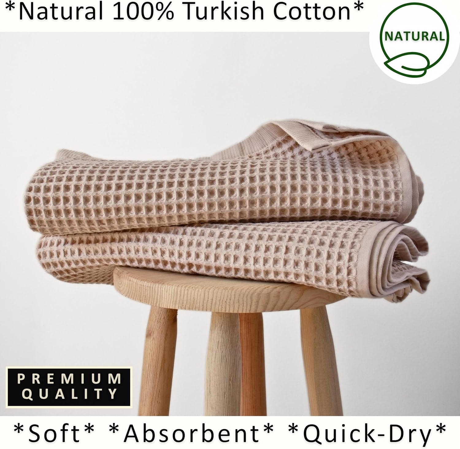 PÜSKÜL Natural 100% Turkish Cotton Waffle Bath Towels Set of 2, Extra-Large | Beige, Oversize 32x63" Bath sheet towel