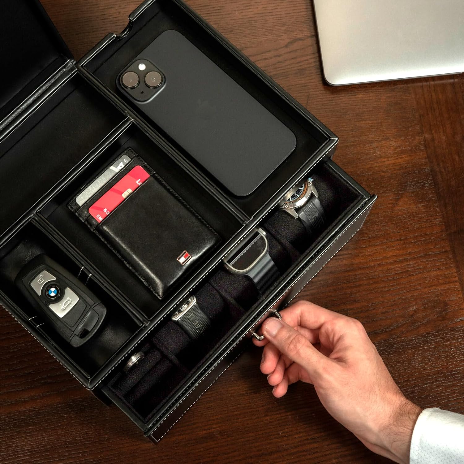 Mens Jewelry Box Organizer & Dresser Valet Tray - Premium Nightstand Station for Watches, Rings, and Accessories