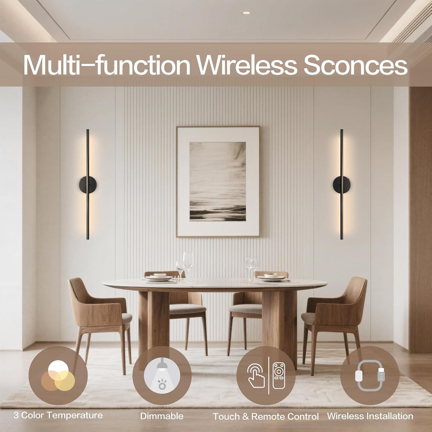 Rechargeable Wall Sconce Set of Two, Modern Wireless Black Wall Sconces with Remote, 28.35Inch Dimmable Indoor Home