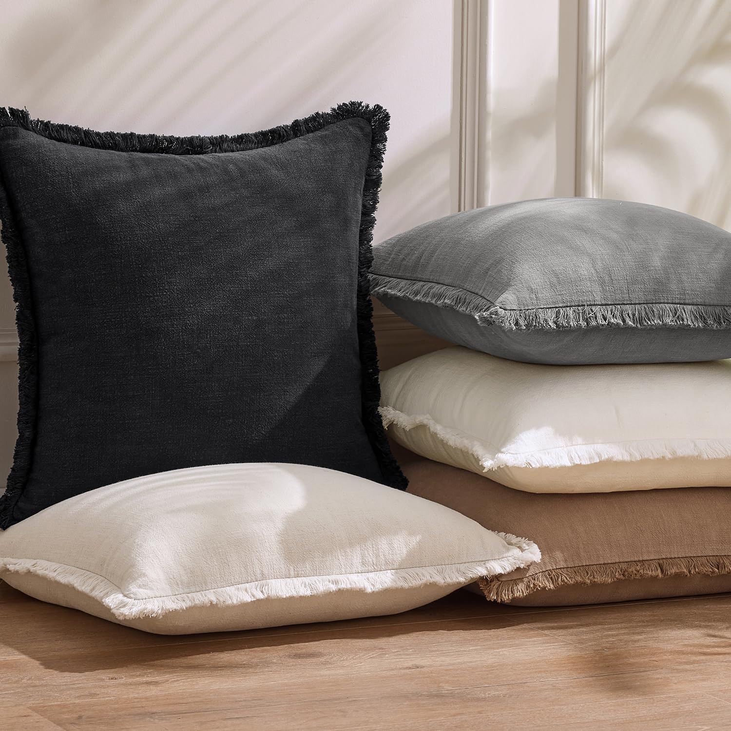 Decorative Linen Fringe Throw Pillow Covers Boho Farmhouse Soft Cushion / 20 x 20 / Black / Set of 2