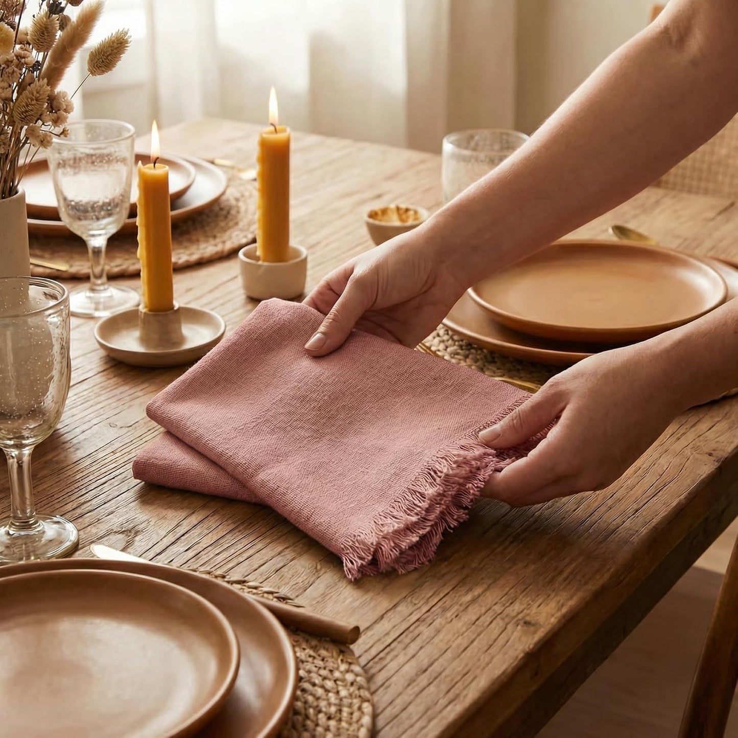 ACCENTHOME Blush Cotton Linen Napkin Set of 12 18x18 inch Dinner Napkins | Cotton Linen Blend Napkins, Machine Wash On