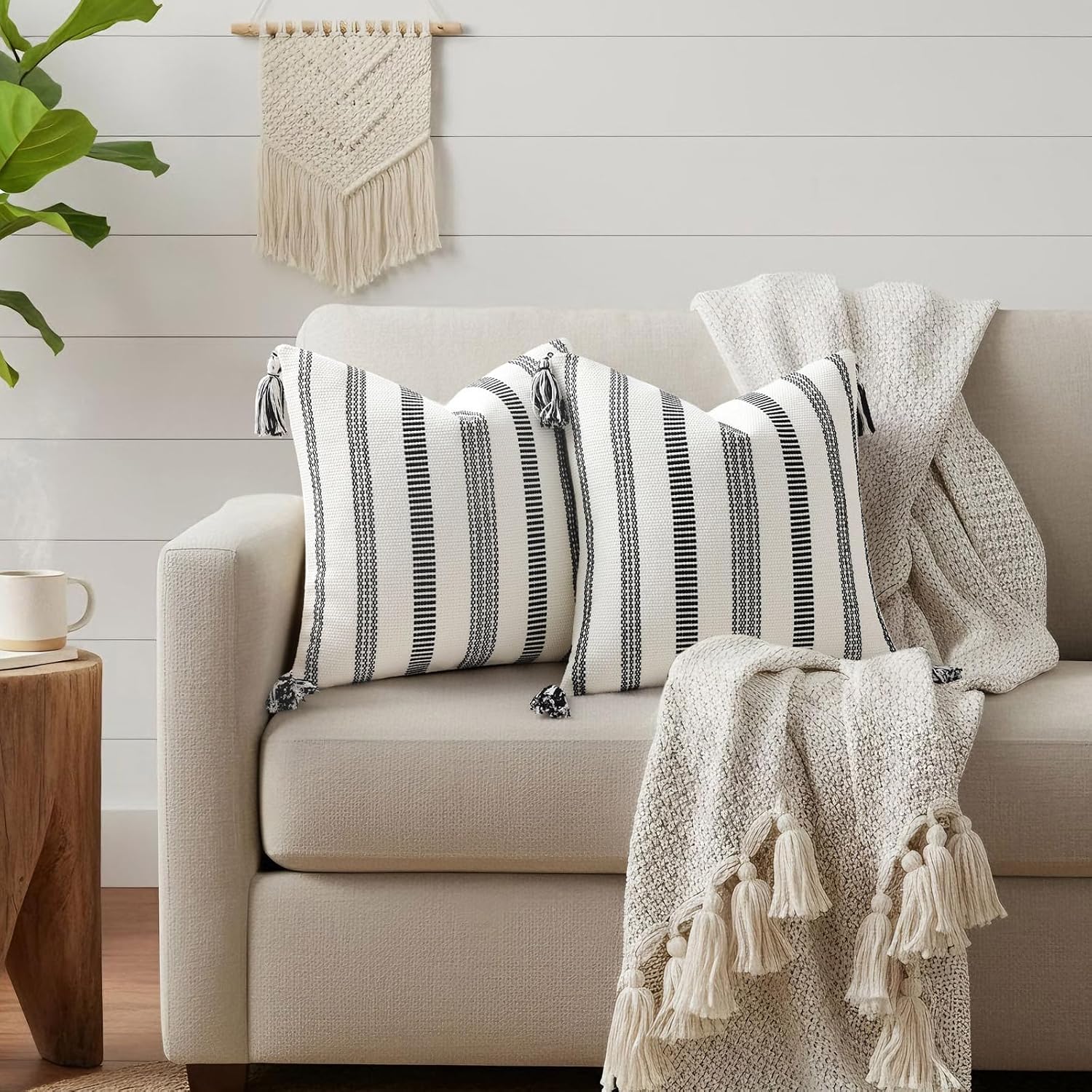 Boho Outdoor Couch Throw Pillow Covers / Black and Cream White / 20 x 20 / Set of 2