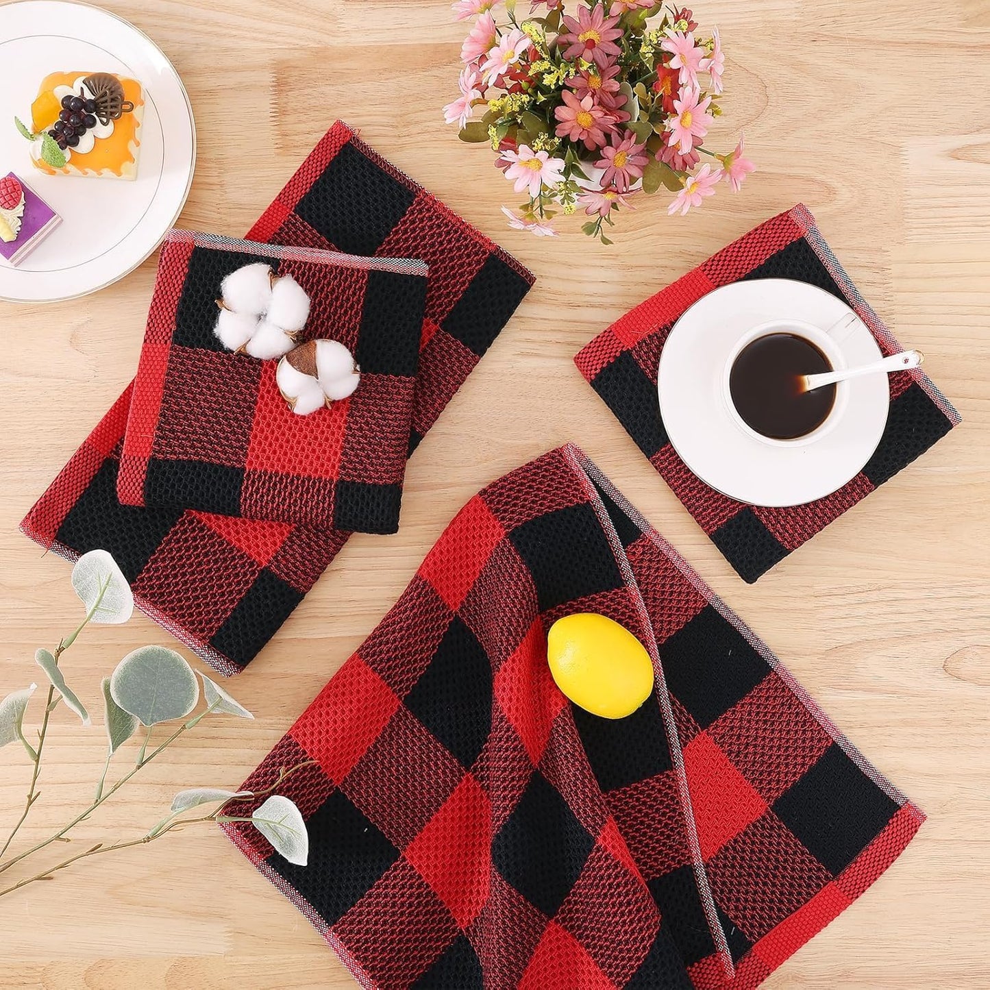 Homaxy Kitchen Towels and Dishcloths Set, Set of 12, Black & Red | Bulk Cotton Waffle Weave Check Plaid Kitchen Towels