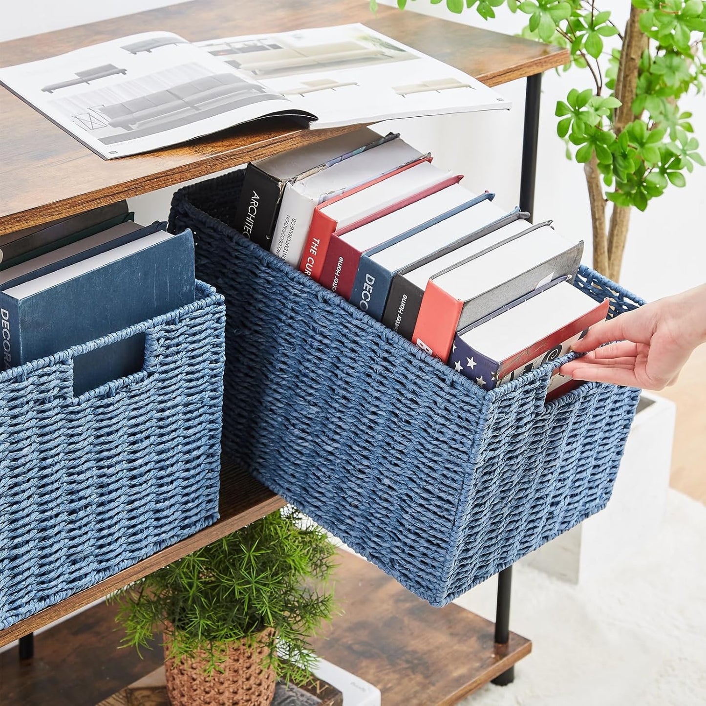 Wicker Storage Basket / Blue / 15.2"D x 10"W x 8.6"H / Set of 2