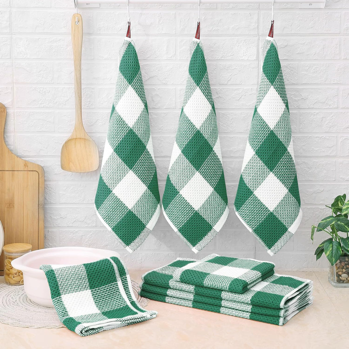 Homaxy Kitchen Towels and Dishcloths Set, Set of 12, White & Dark Green | Bulk Cotton Waffle Weave Check Plaid Kitchen