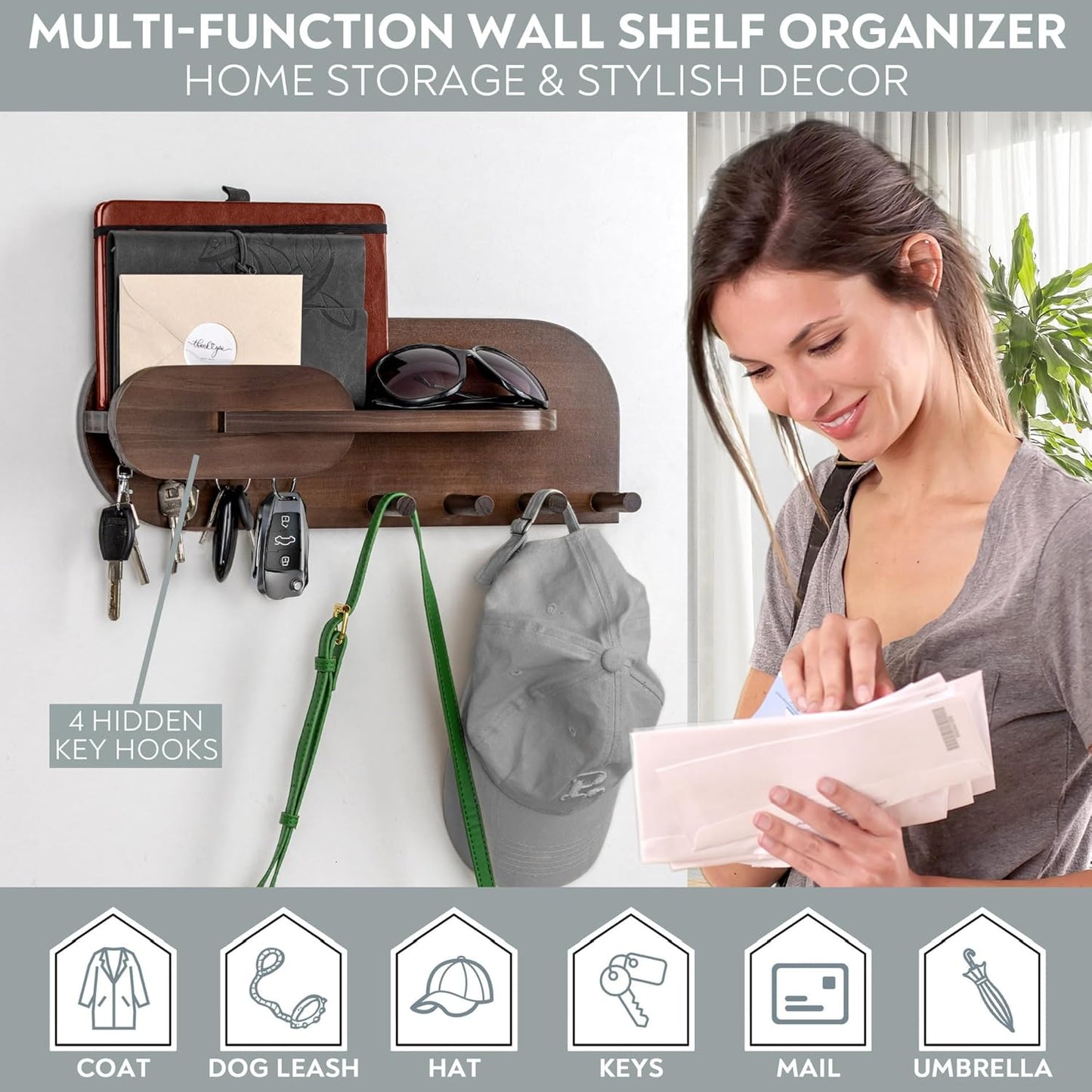 Solid Wood Mail and Key Holder / Brown