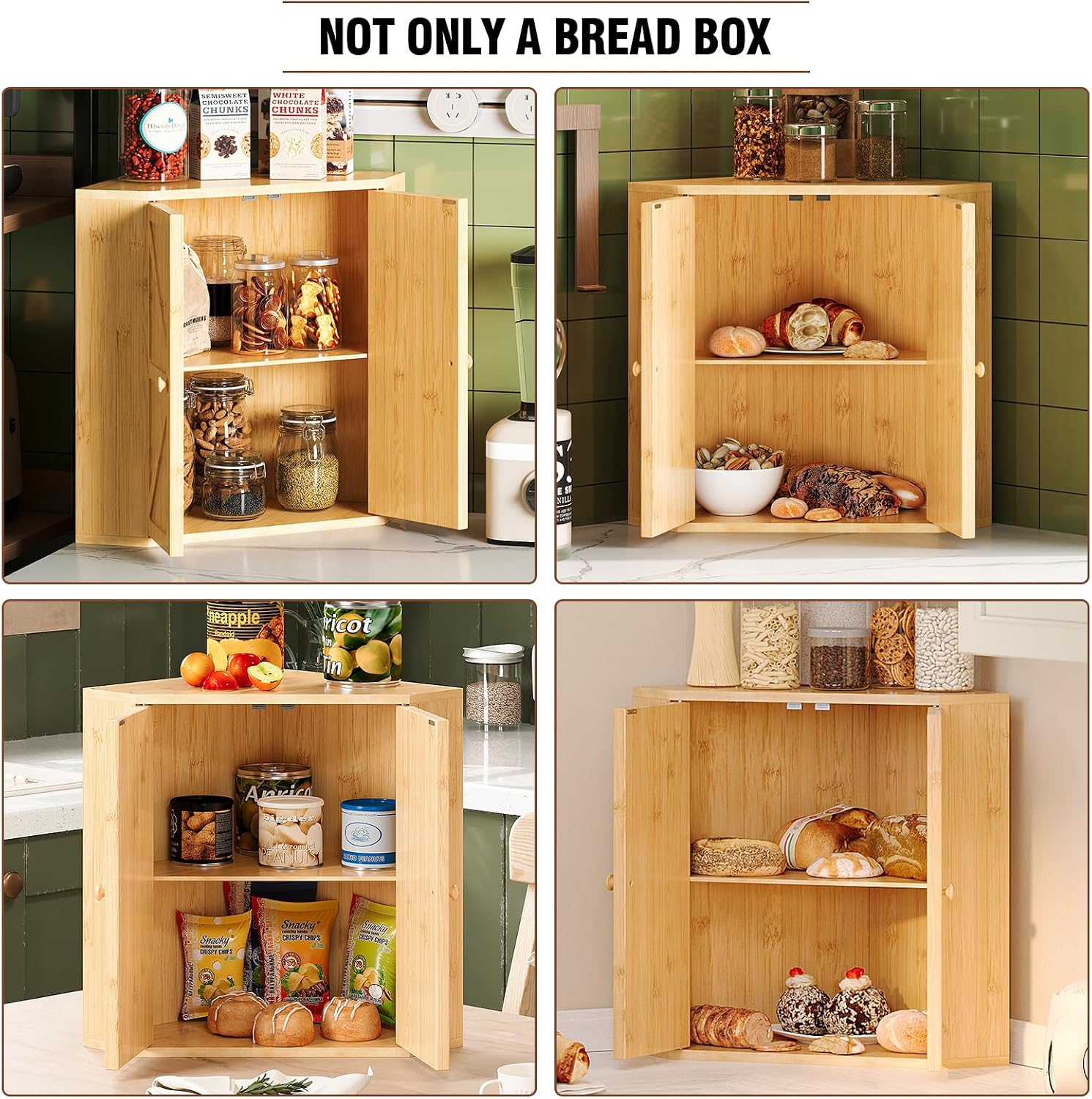 Trironsun Corner Bread Box for Kitchen Counter Double Layer Bamboo Bread Storage Container Large Capacity Bread Storage