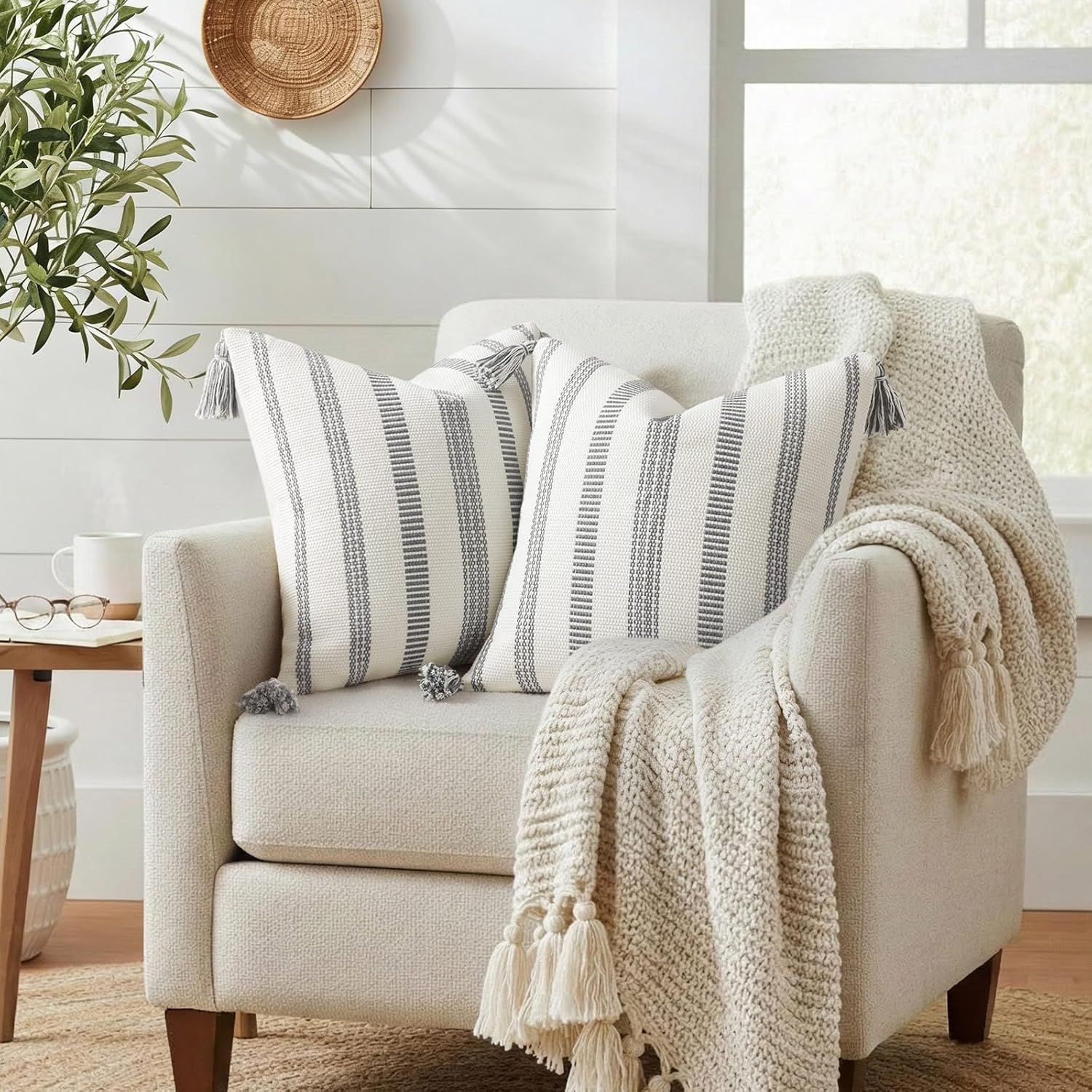 Boho Outdoor Couch Throw Pillow Covers Decorative Thick / Grey and Cream White / 20 x 20 / Set of 2