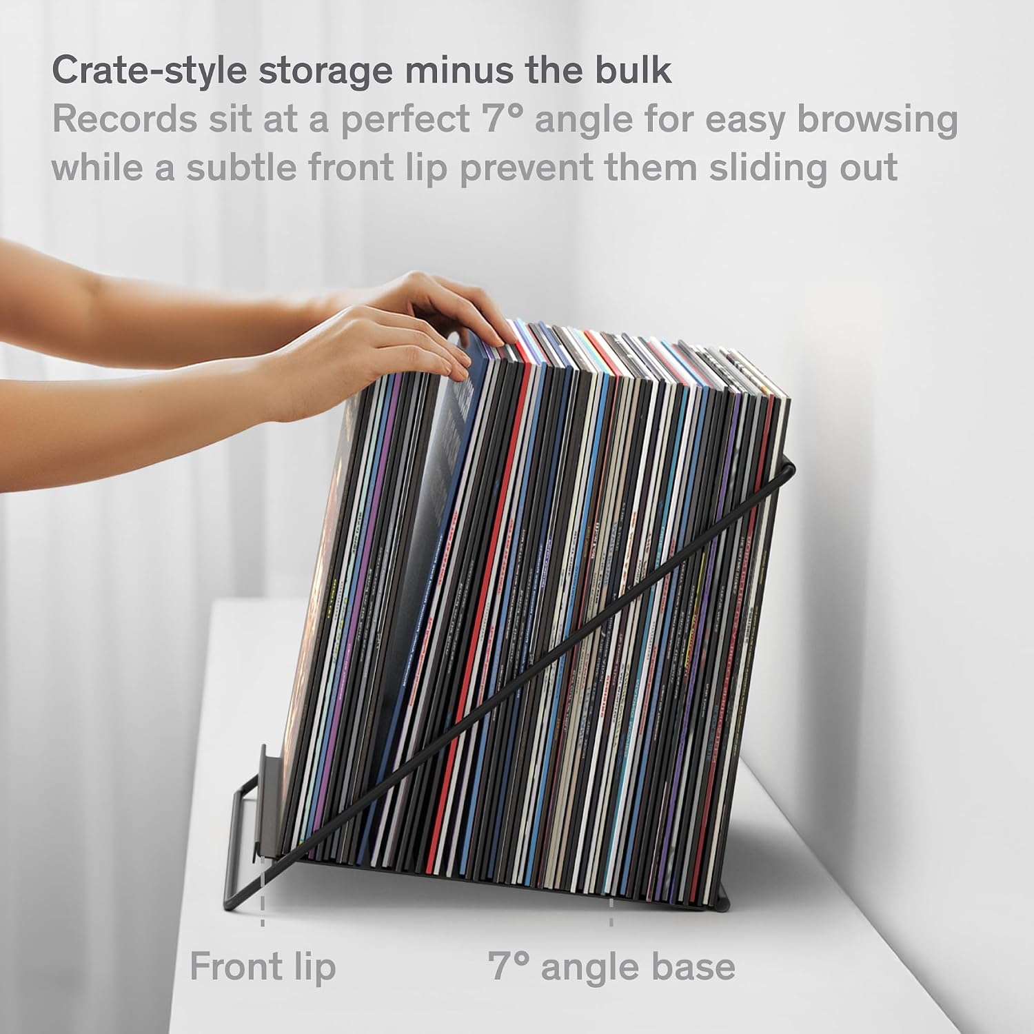 Vinyl Record Storage Rack - Record Holder for 50 LPs, Black | Solid Steel Powder-Coated Finish - Patented Fold-Flat