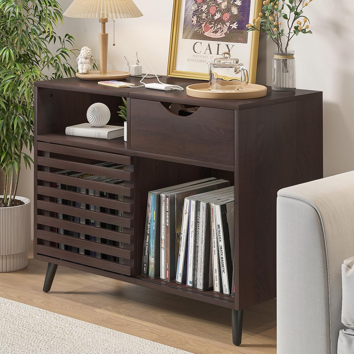 Record Player Stand, Vinyl Record Cabinet Holds Up to 200 Albums | Vinyl Storage Cabinet with Power Outlet, Turntable