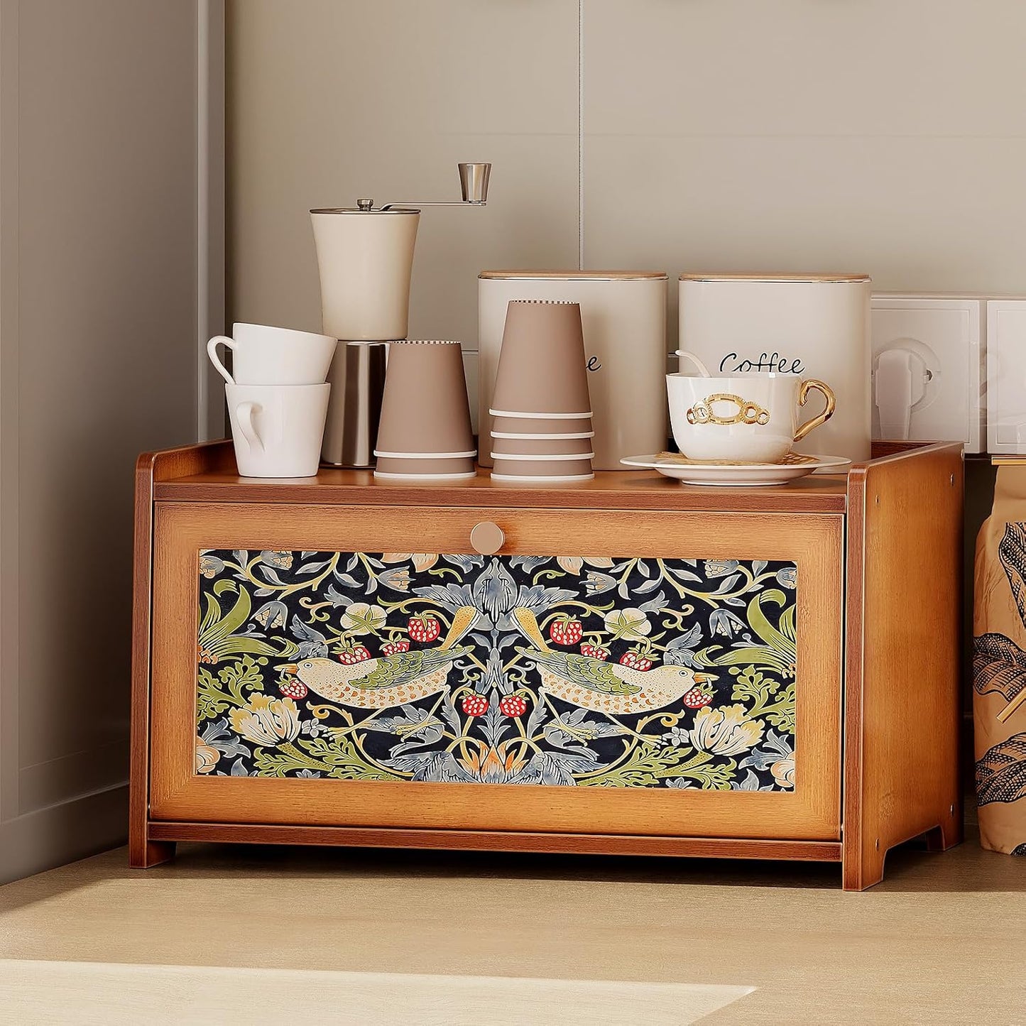 Trironsun Bamboo Bread Box for Kitchen Counter Black Bread Storage Container with Acrylic Door William Morris Flower