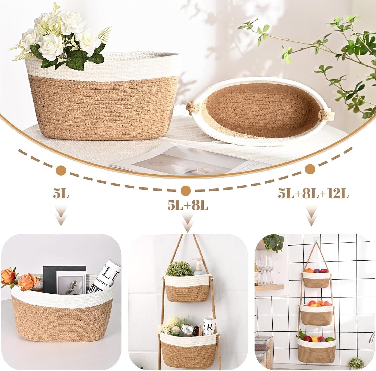 3-Tier Woven Wall Basket / Classic / Jute & White