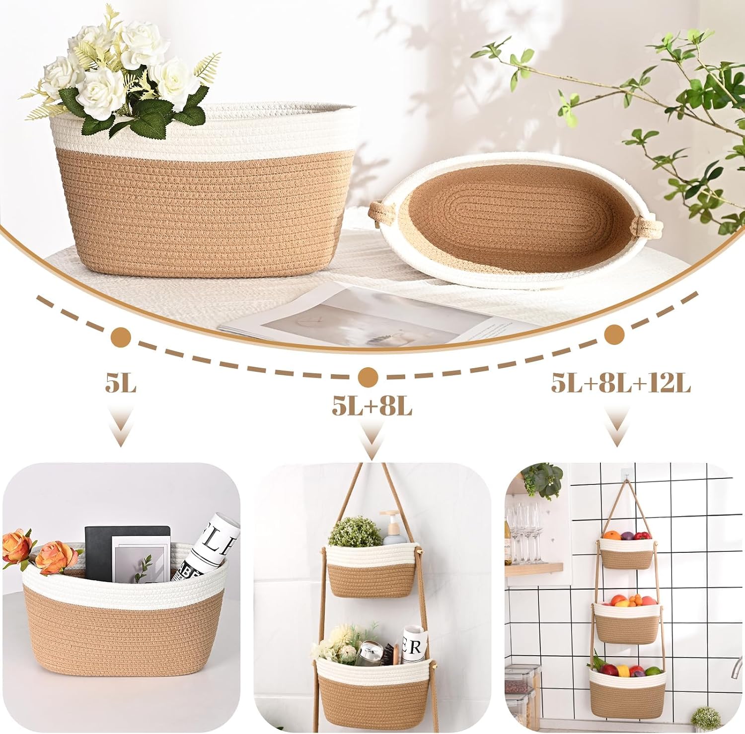 3-Tier Woven Wall Basket / Classic / Jute & White