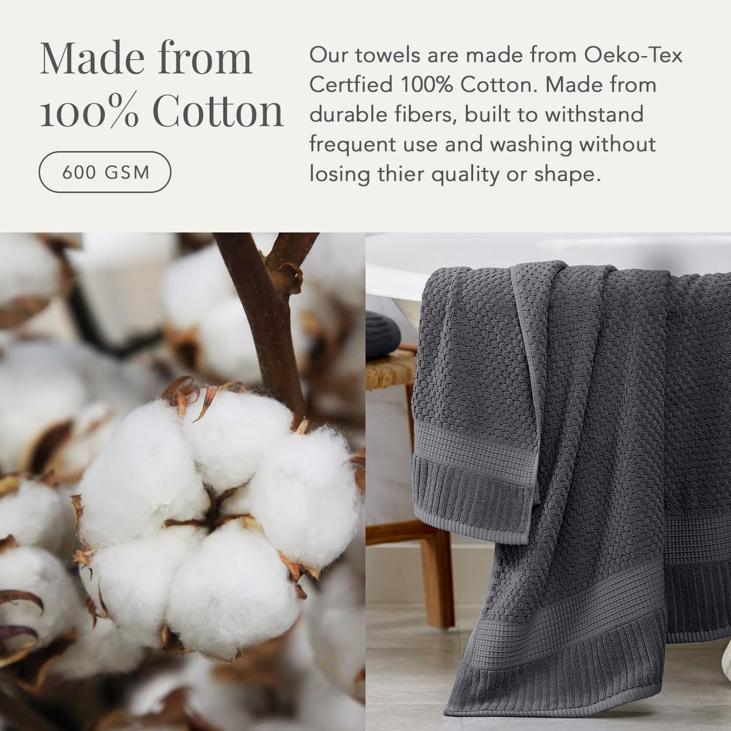 NY Loft 100% Cotton 4-Pack Bath Towel Set | Grey | Oeko-TEX | Quick-Dry | Four 30" x 52" Bath Towels | Super Absorbent