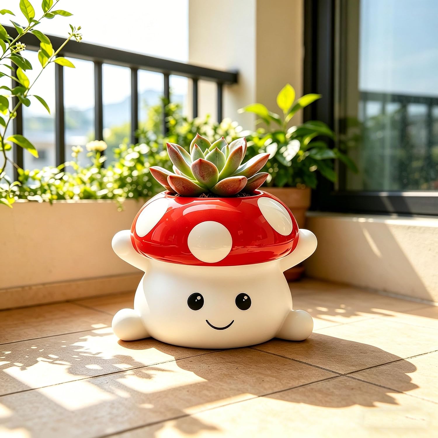 & White Mushroom Ceramic Face Planter / Red