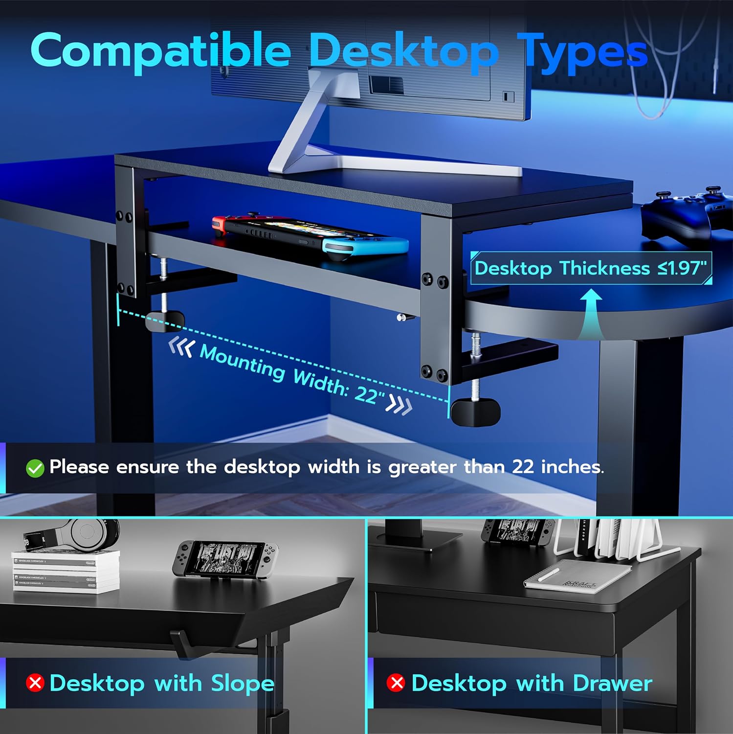 ARES WING Clamp-On 21.7" Desk Extender Shelf, Heavy Duty Desktop Organizer | 21.7"x 9.8" Versatile Clamp on Desk