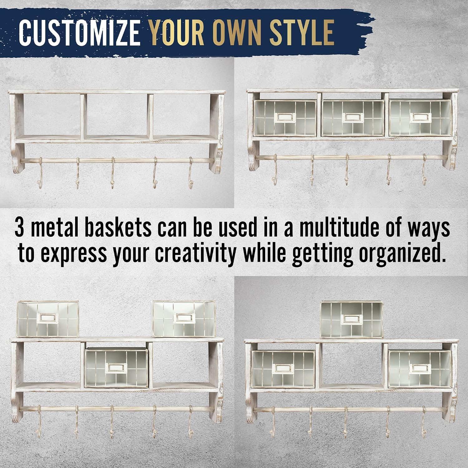HBCY Creations Wall Mounted Shelf with Coat Hooks and Baskets, Solid Wood Entryway Organizer Wall Shelf with Hooks