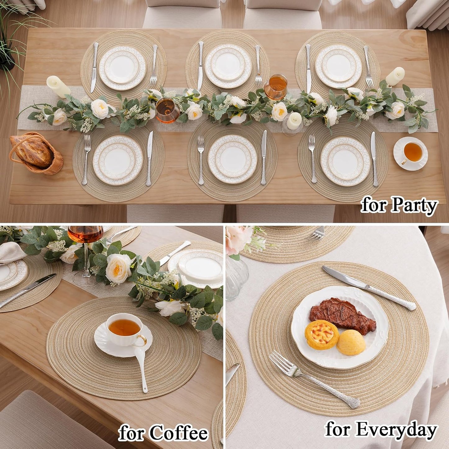 SHACOS Round Braided Placemats Set of 8 Cotton Fabric Round Table Mats Non Slip Washable 15 inch Round Place Mats Home