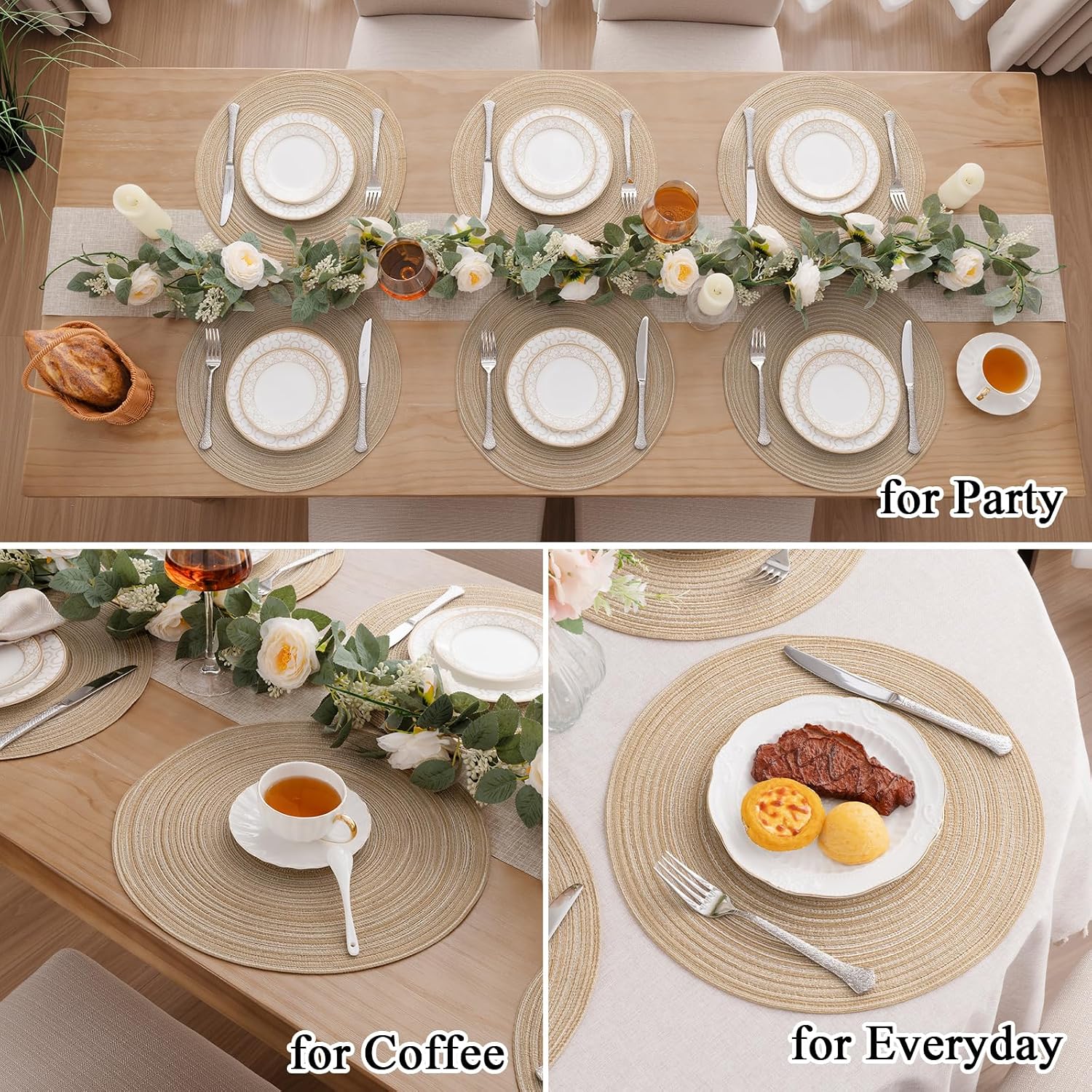 SHACOS Round Braided Placemats Set of 8 Cotton Fabric Round Table Mats Non Slip Washable 15 inch Round Place Mats Home
