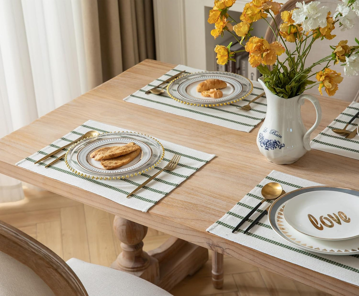 Boho Farmhouse Placemats Set of 6, Green Beige Stripes Cotton Linen Woven Table Mats for Modern Dining Table, 13x19
