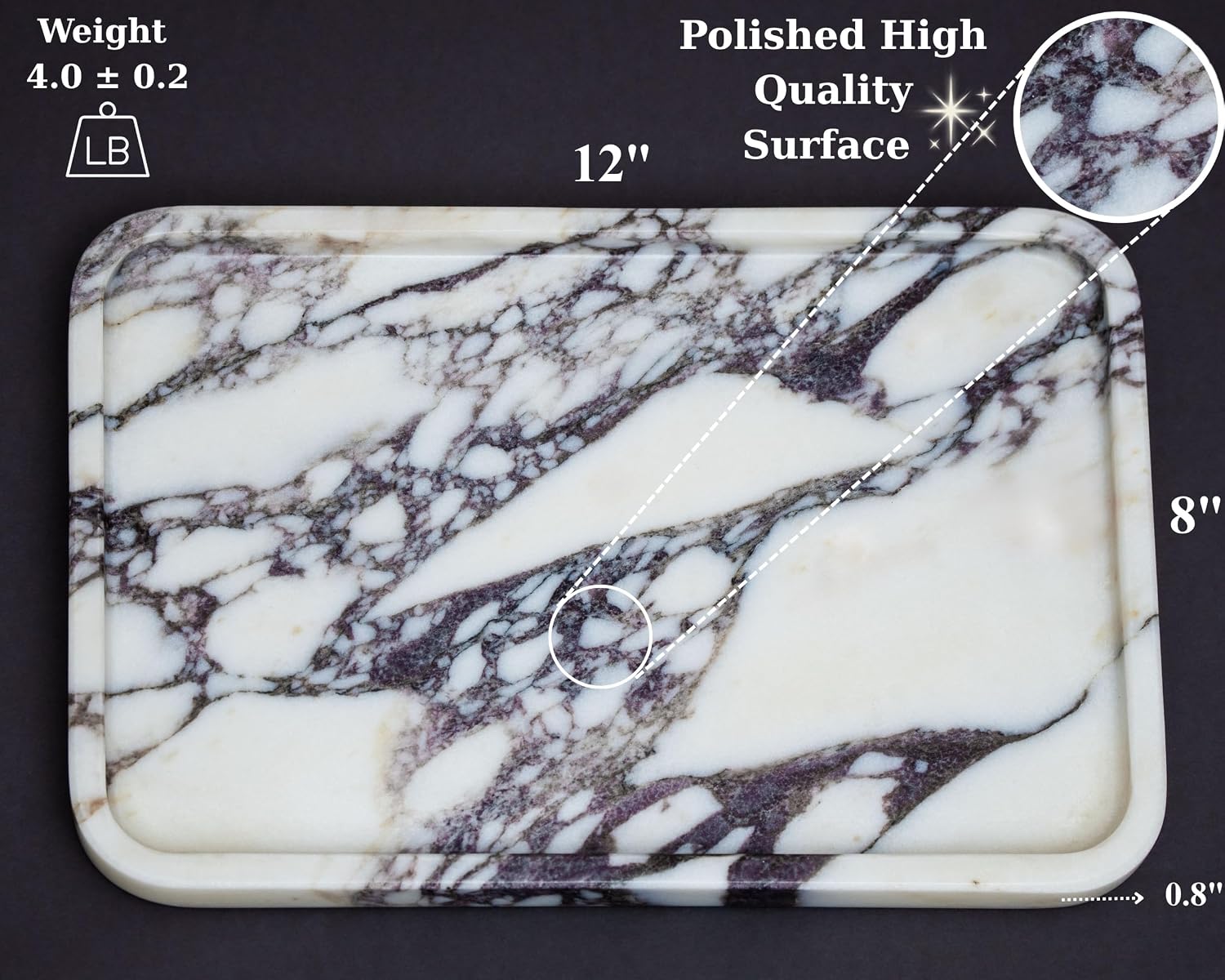 Marble Tray / Elegant Stone Marble Decorative Tray for Vanity / Calacatta Viola / Straight / Natural