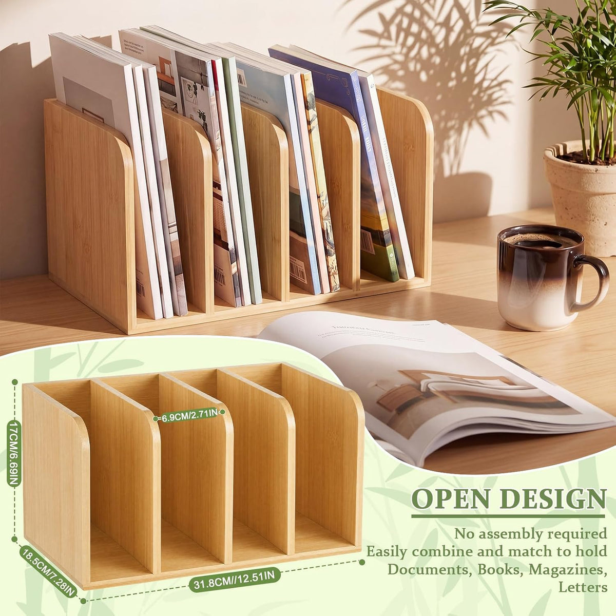 Novabright 4-slot Bamboo Wooden Magazine File Holder Desk Organizer, 4 Vertical Compartments Workspace Sorters for
