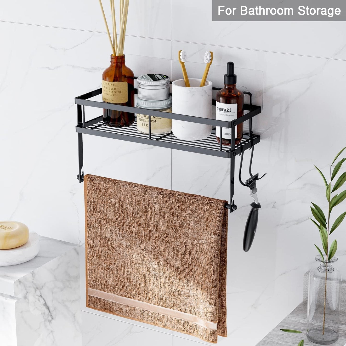 Paper Towel Holder Wall Mount with Shelf, Adhesive, Matte Black Metal | Stainless steel 2in1 holder shelf fits large