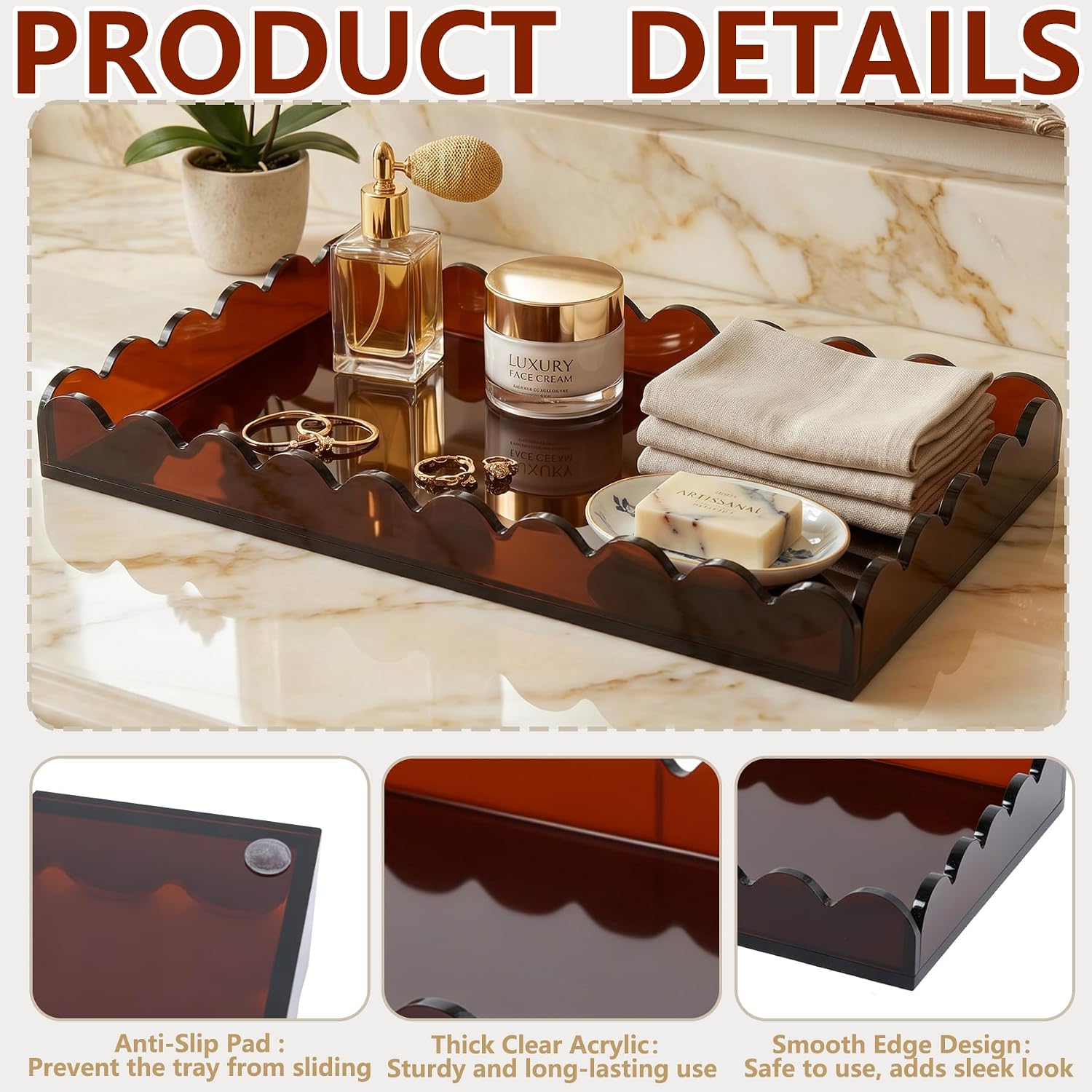 Amber Scalloped Acrylic Tray 5mm Thicken for Vanity Makeup / Scalloped Amber / 12 x 6 x 1.2