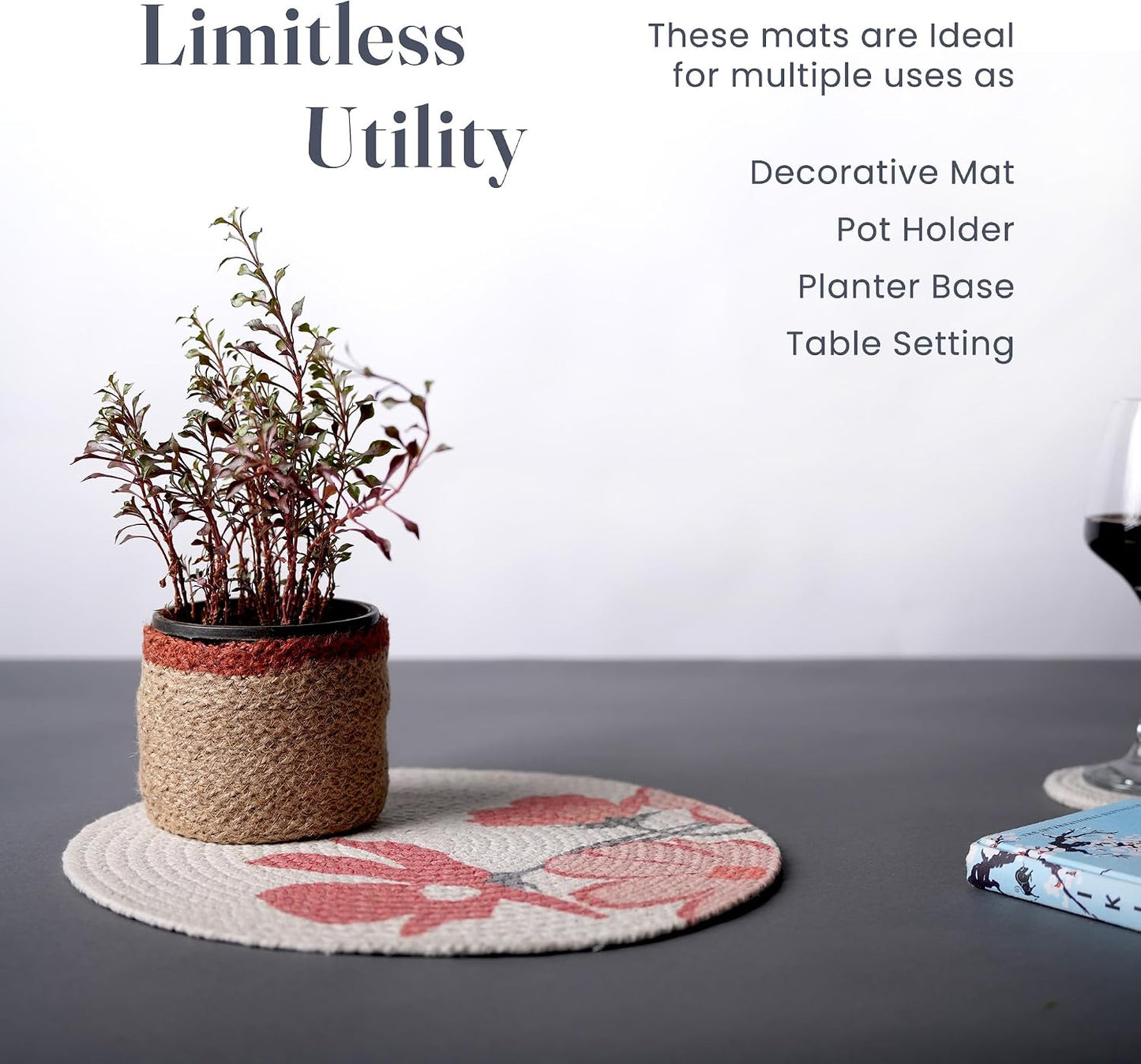 The Fine Living Braided Cotton Placemats, Round Table Mats, Set of 6,13.5" | Washable Anti-Slip Heat Resistant Braided
