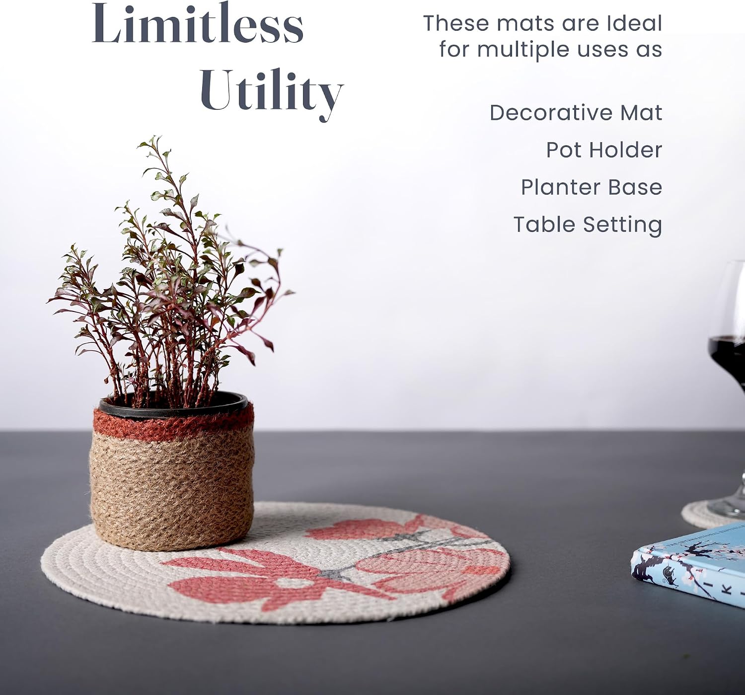 The Fine Living Braided Cotton Placemats, Round Table Mats, Set of 6,13.5" | Washable Anti-Slip Heat Resistant Braided