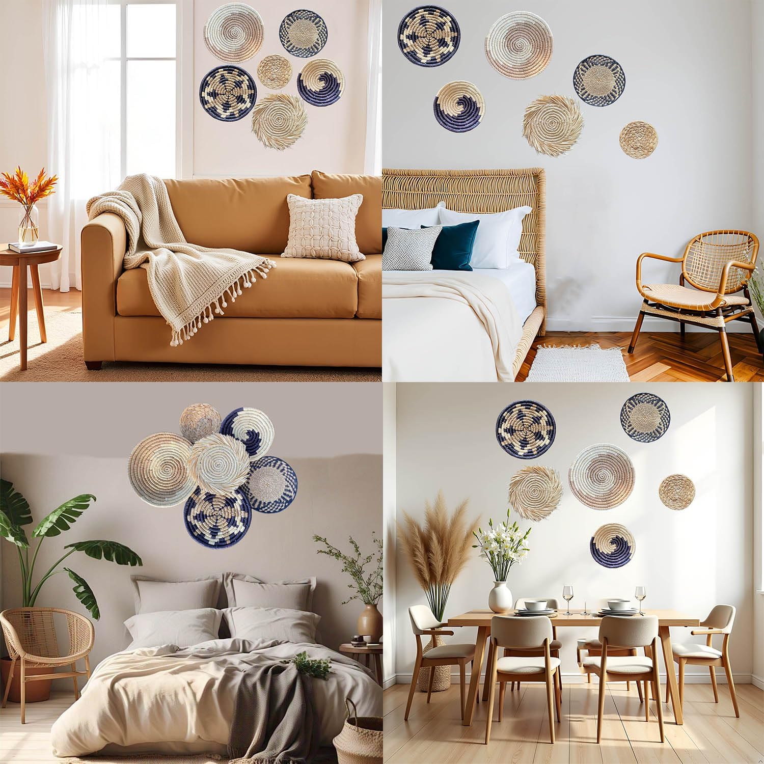 Boho Round Handmade Wall Basket Decor / Bohemian / Natural / Set of 6