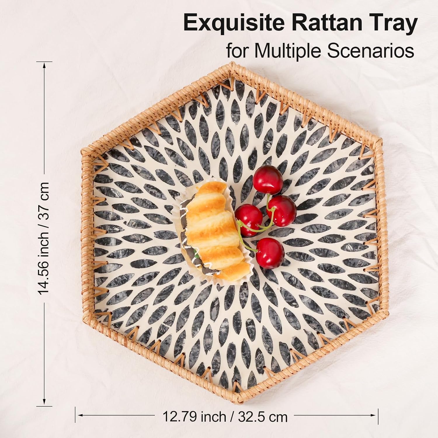 Hexagon Rattan Tray / Black Leaves