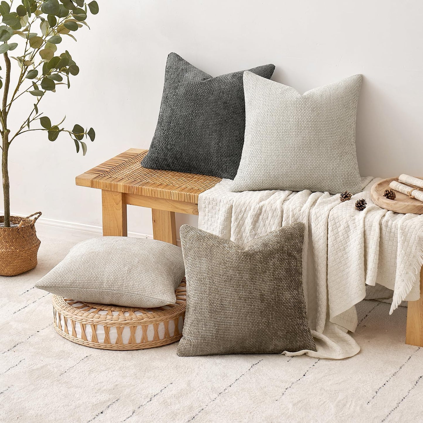 Couch Throw Pillow Covers Soft Decorative Chenille Pillow Covers / 18 x 18 / Neutral / Set of 4