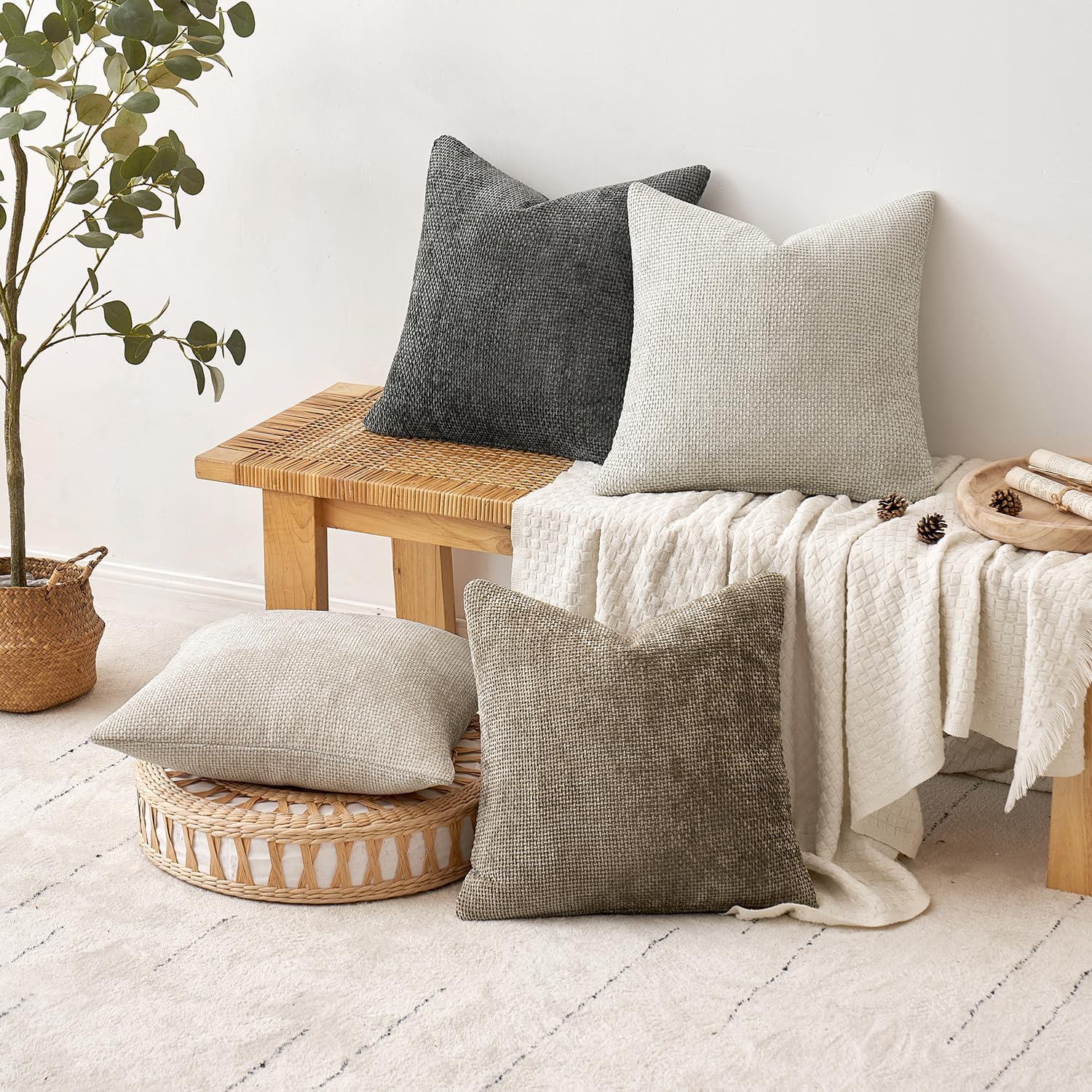 Couch Throw Pillow Covers Soft Decorative Chenille Pillow Covers / 18 x 18 / Neutral / Set of 4