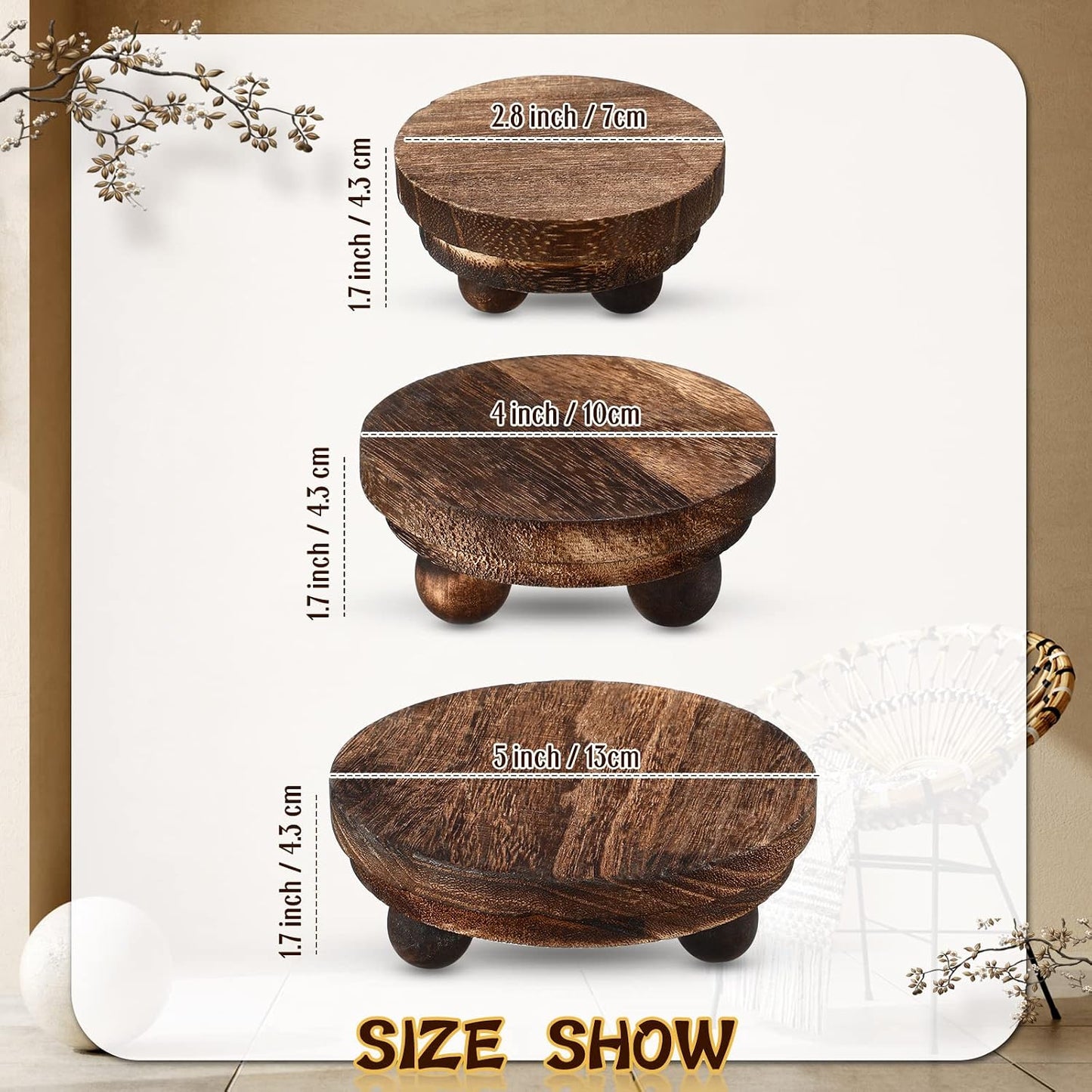 Mini Wooden Risers for Decor Small Round Pedestal Stand / Brown / 5/4/3 Inch / 3 Inch / Set of 3