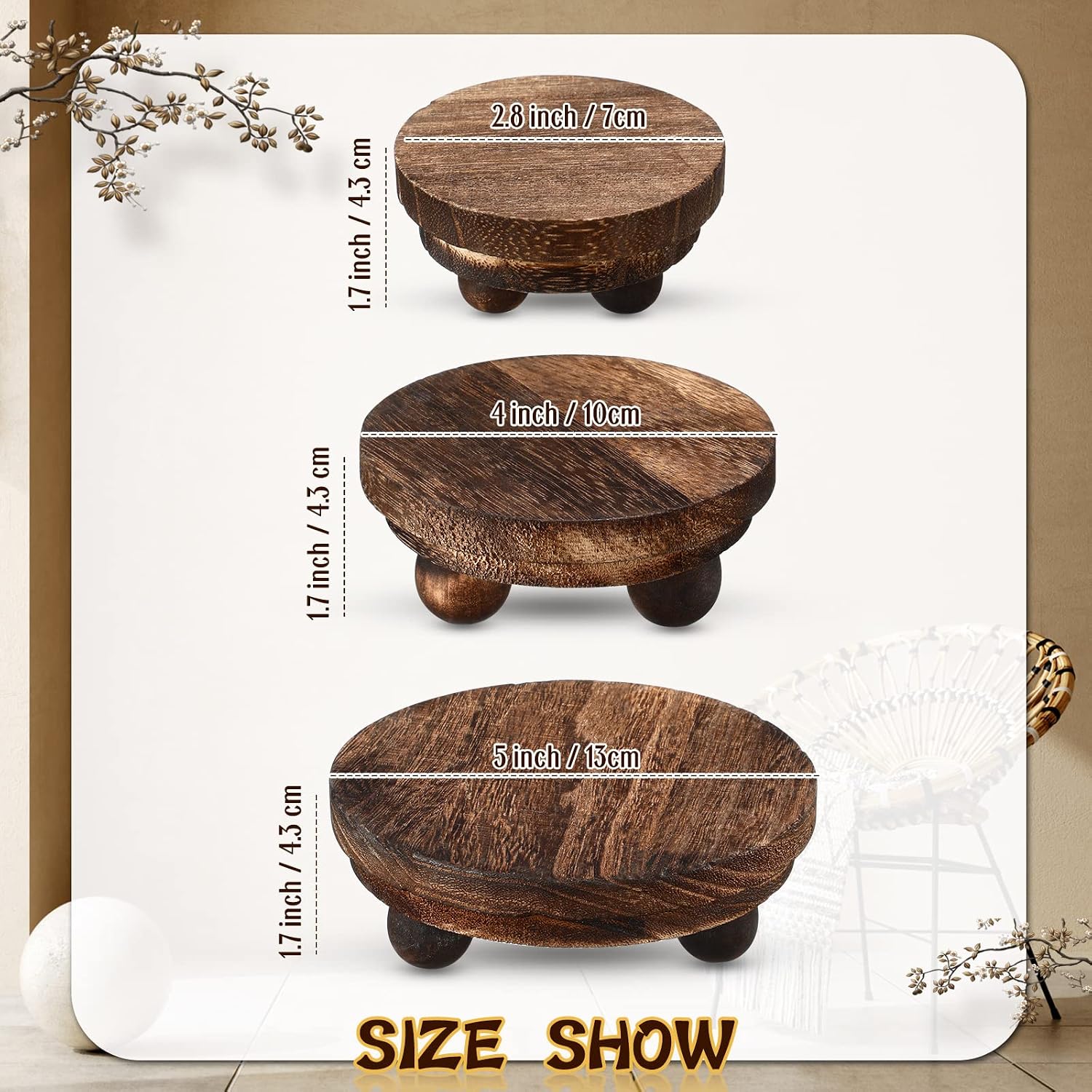 Mini Wooden Risers for Decor Small Round Pedestal Stand / Brown / 5/4/3 Inch / 3 Inch / Set of 3