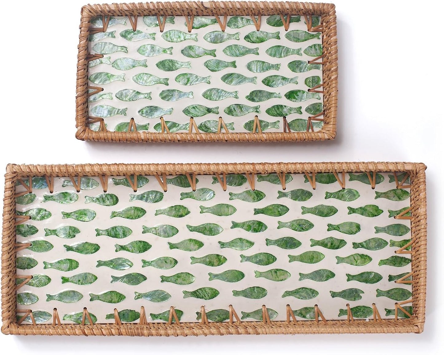 Rattan Bathroom Vanity Tray / Green Fish / Set of 2