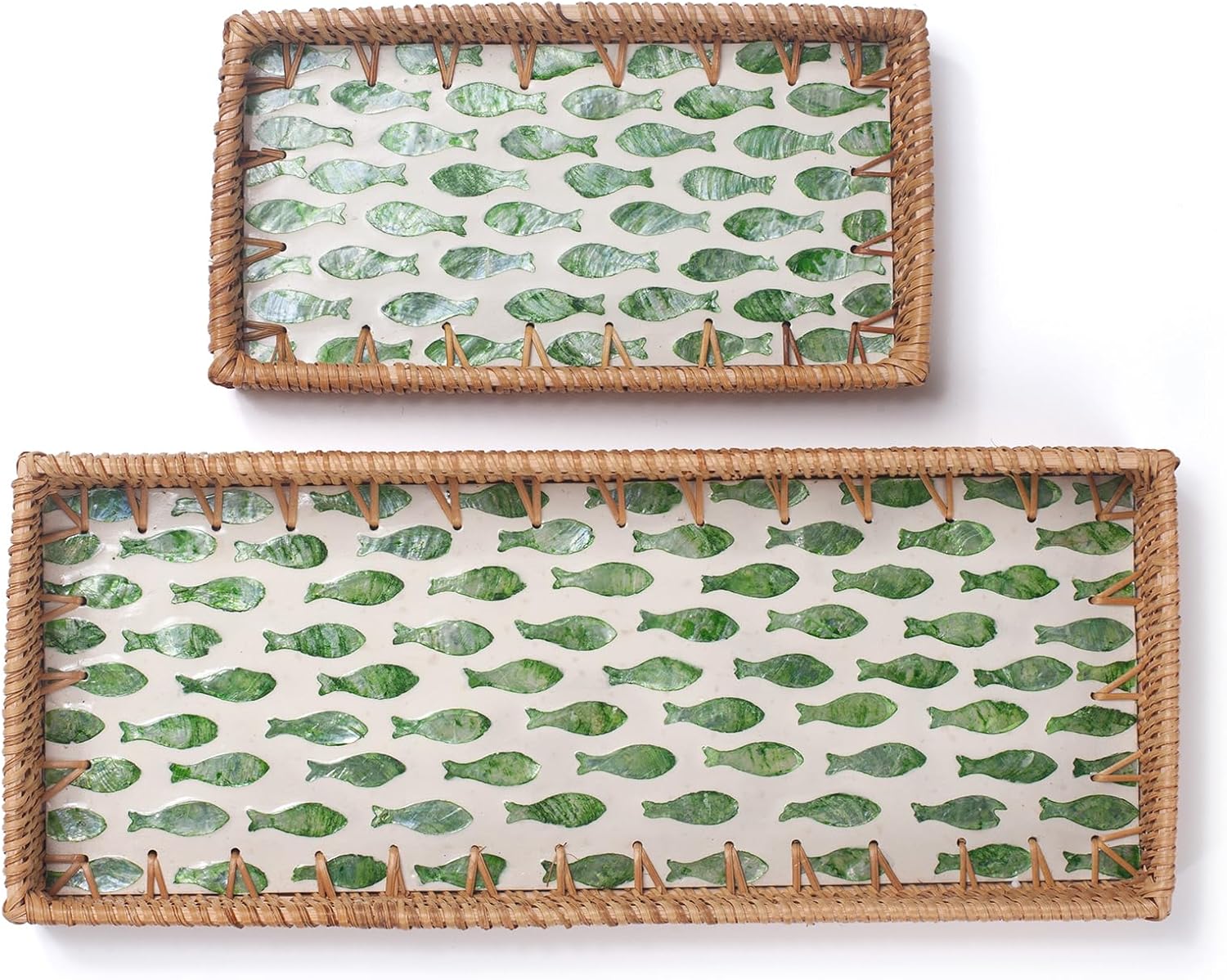 Rattan Bathroom Vanity Tray / Green Fish / Set of 2