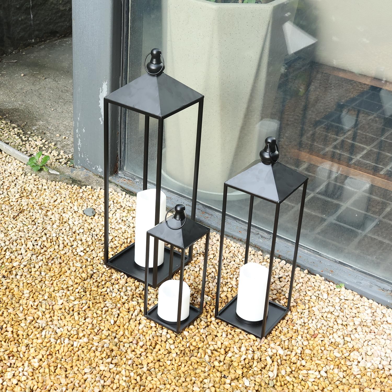 LED Lanterns Decorative Indoor&Outdoor, 23’’ 19’’ 13’’ Large Black Candle Lanterns Set with 3 Flameless Candles, Metal