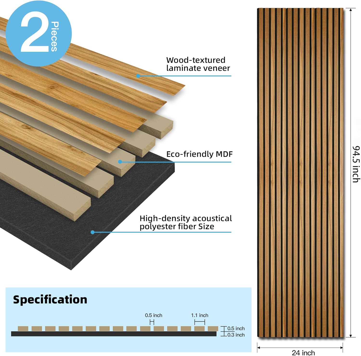 Wood Slat Acoustic Panels / Teak / 94.5 x 24 / Set of 2