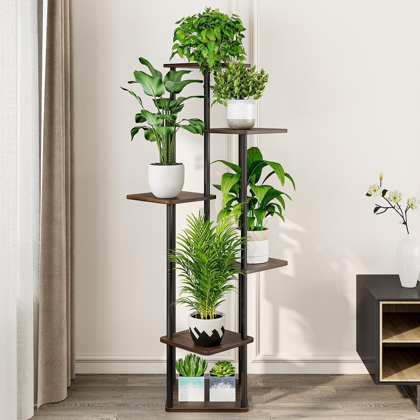 6 Tier Tall Plant Stand Indoor Corner Tiered Shelf Metal MDF Board | Sturdy Metal Frame,Space-saving Tiered Design