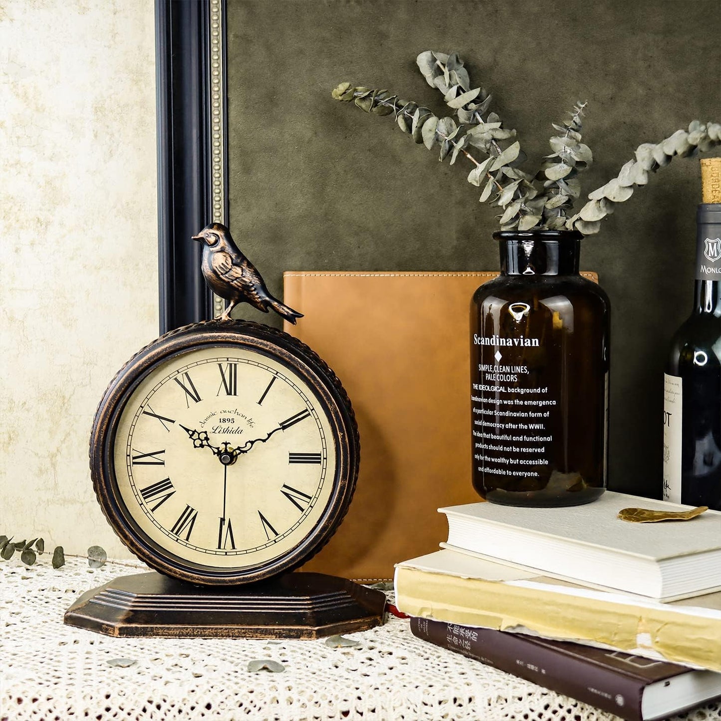Desk Clock for Bedroom Kitchen Vintage Table Clock Mantel Desktop Farmhouse Tabletop Metal Clock for Office Living Room