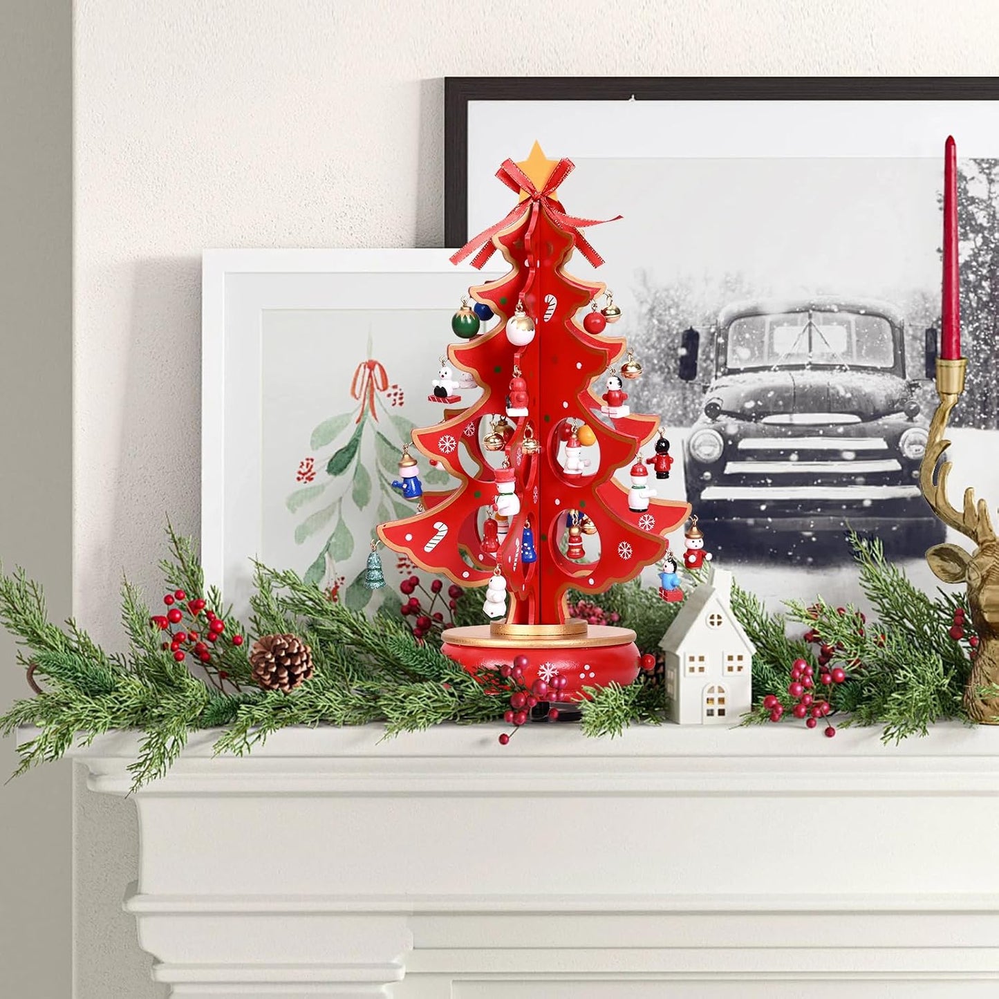 Uspring Christmas 24 Days Countdown Advent Calendar 2025, Musical Wooden Christmas Tree with Classic Music Box and 36