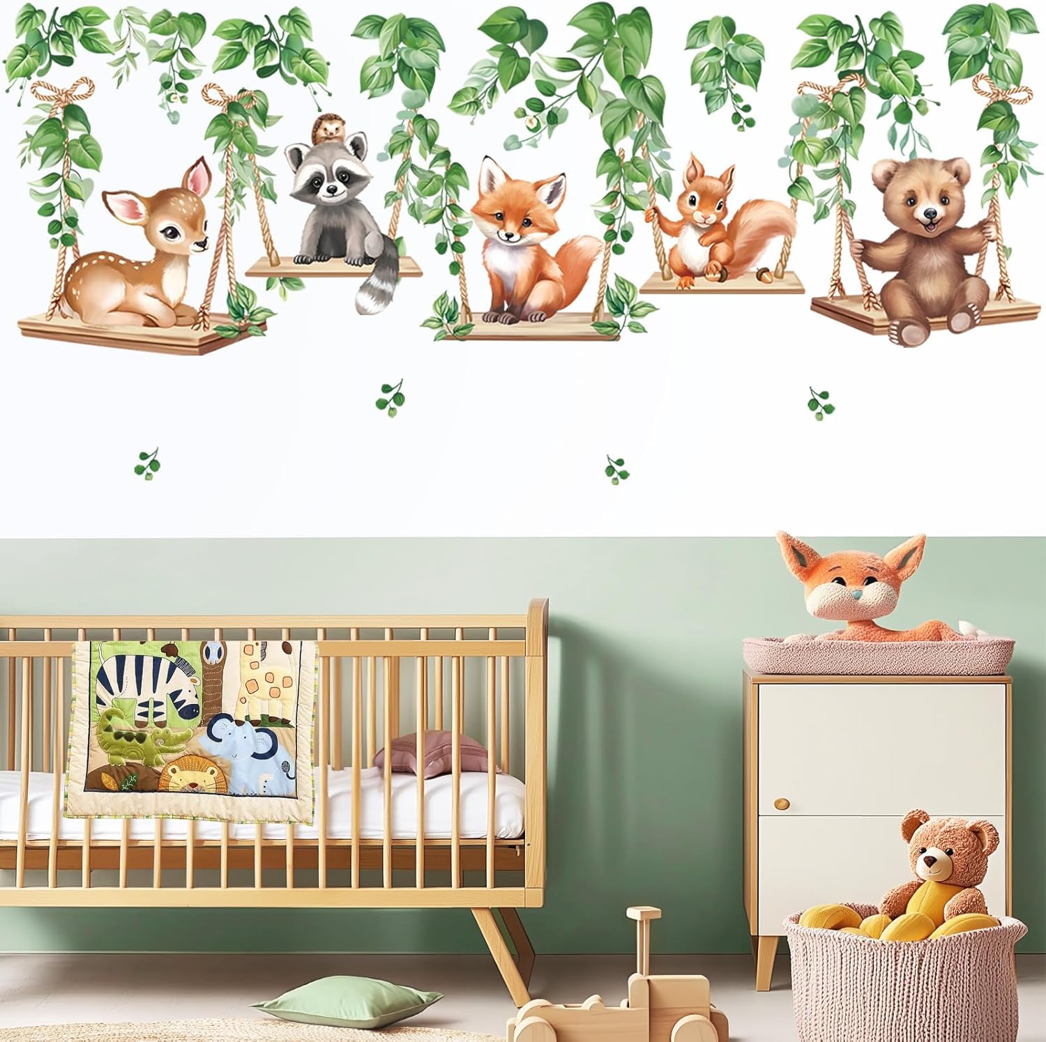 Woodland Wall Stickers Baby Bear Deer Fox Leaves Peel and Stick Wall Art Decals / Animal On Swings