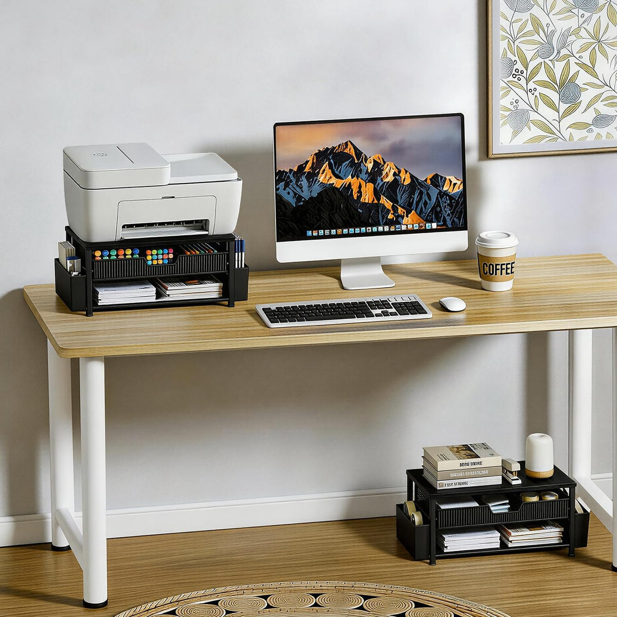 Printer Stand for Desk, Desk Organizer with Storage, Desktop Printer Table for Home Office, Multi-Purpose for Home